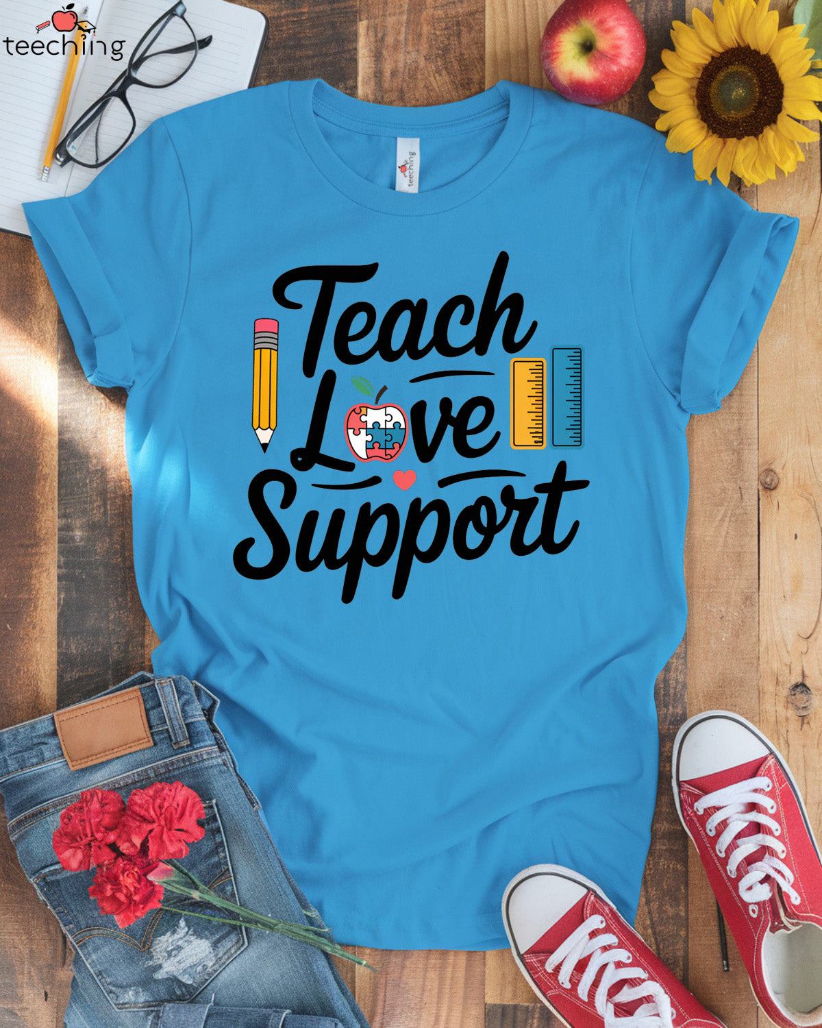 Teach, Love, Support - Autism Awareness Teacher T-Shirt