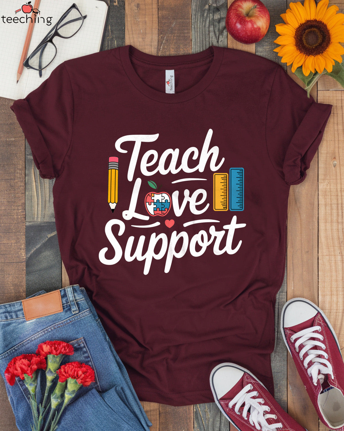 Teach, Love, Support - Autism Awareness Teacher T-Shirt