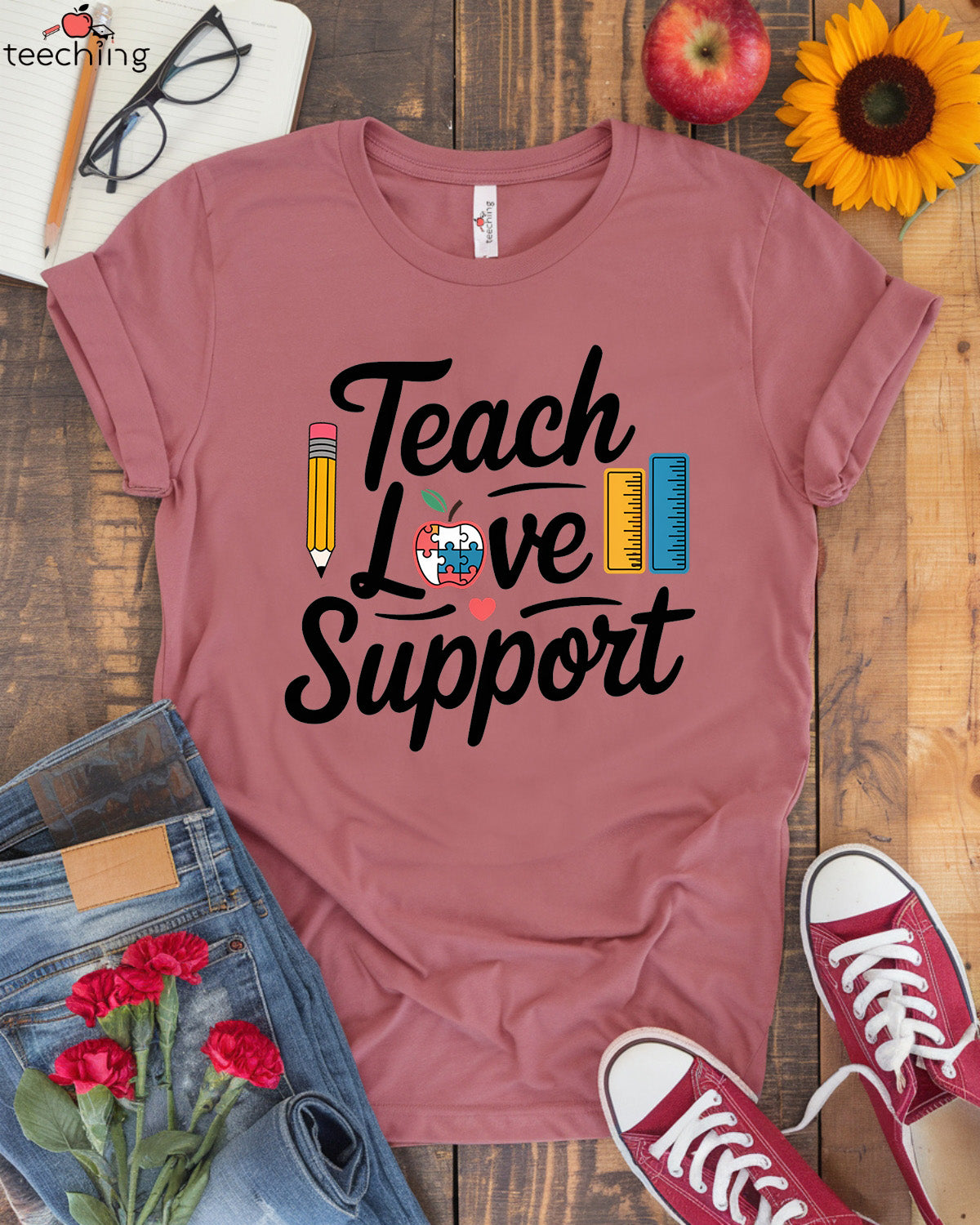 Teach, Love, Support - Autism Awareness Teacher T-Shirt