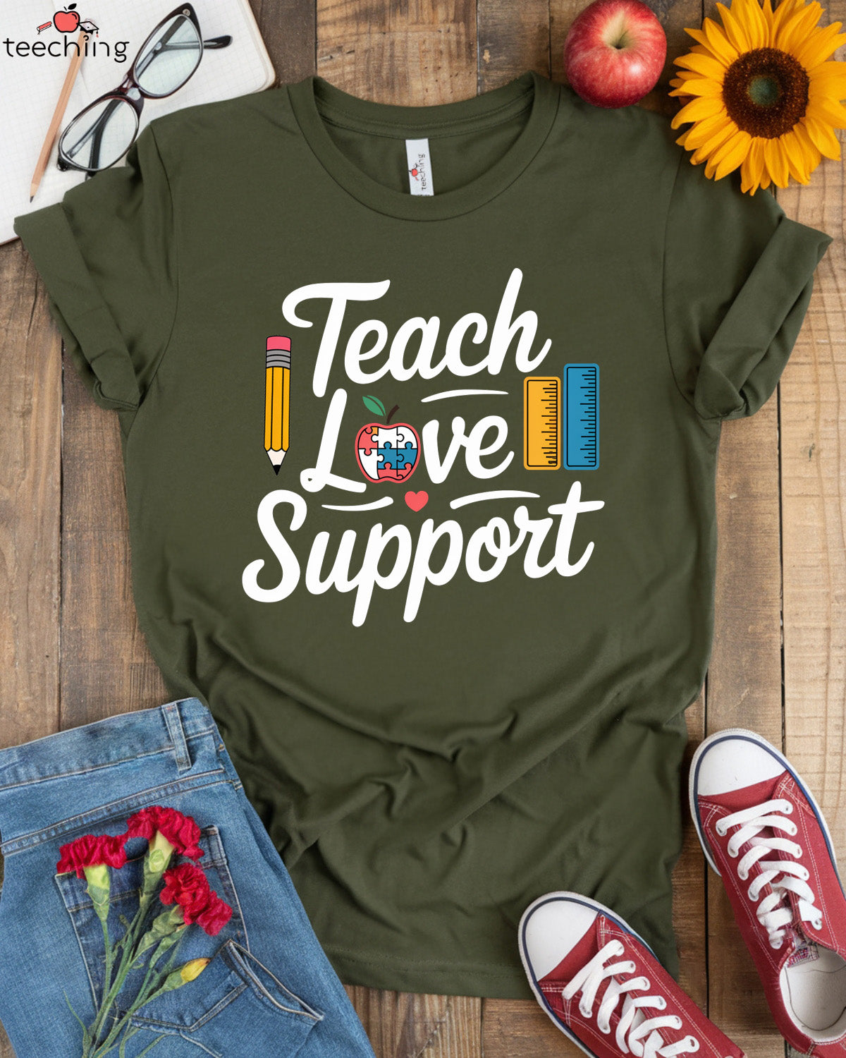 Teach, Love, Support - Autism Awareness Teacher T-Shirt