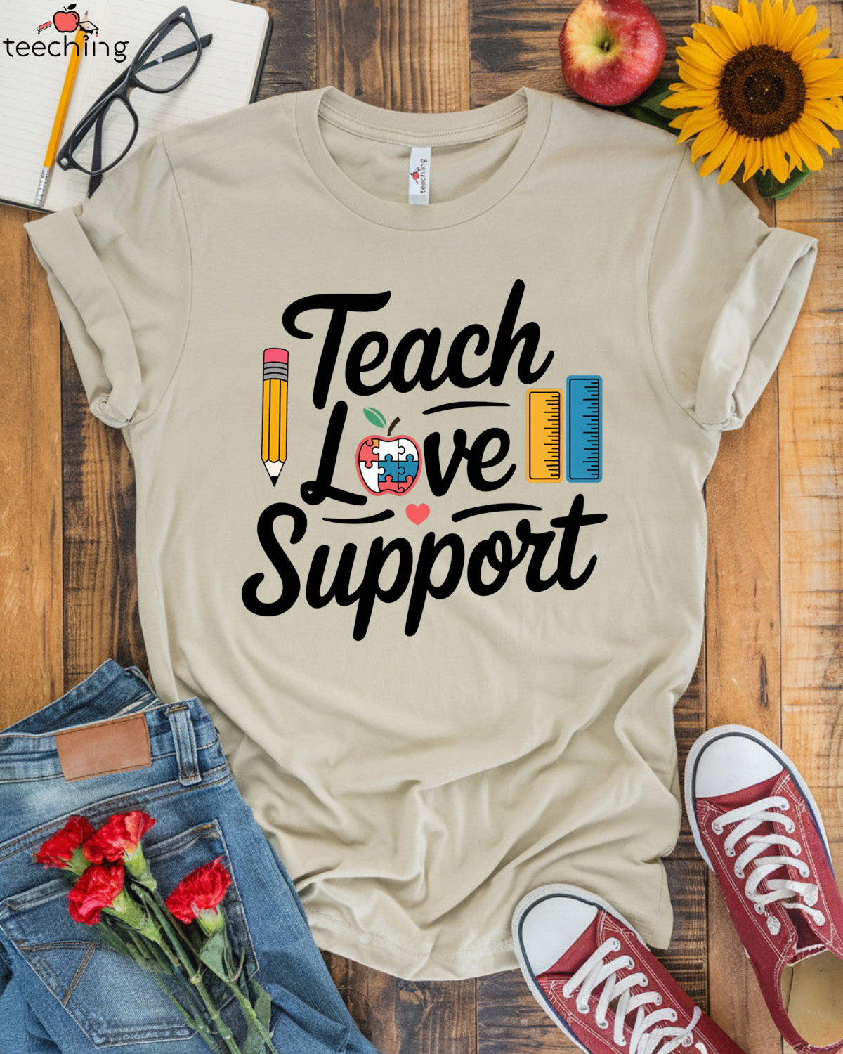 Teach, Love, Support - Autism Awareness Teacher T-Shirt