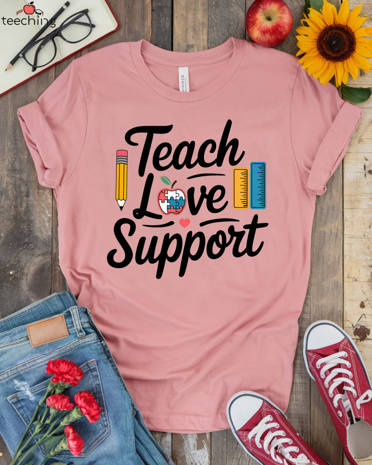 Teach, Love, Support - Autism Awareness Teacher T-Shirt