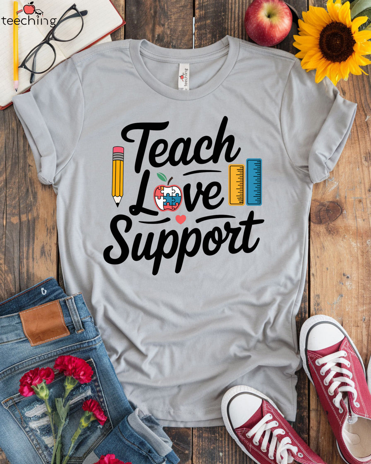 Teach, Love, Support - Autism Awareness Teacher T-Shirt