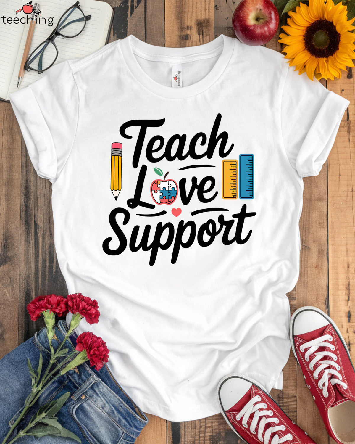 Teach, Love, Support - Autism Awareness Teacher T-Shirt