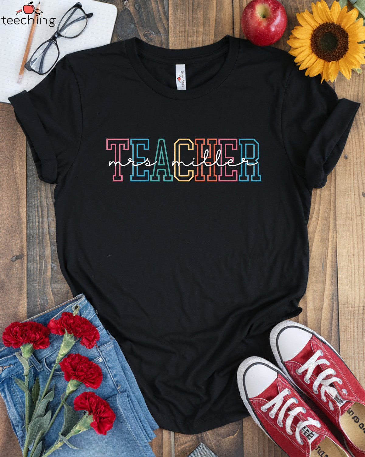Personalized Retro Color Block Teacher T-Shirt