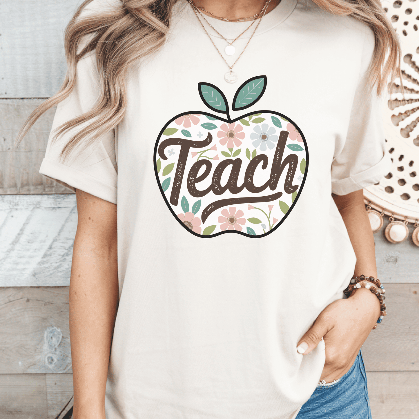 Teach Apple Floral Teacher T-Shirt