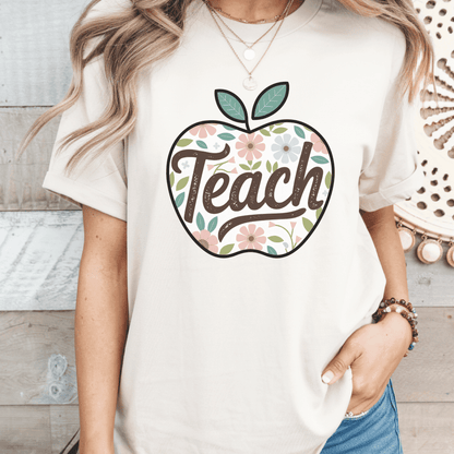 Teach Apple Floral Teacher T-Shirt