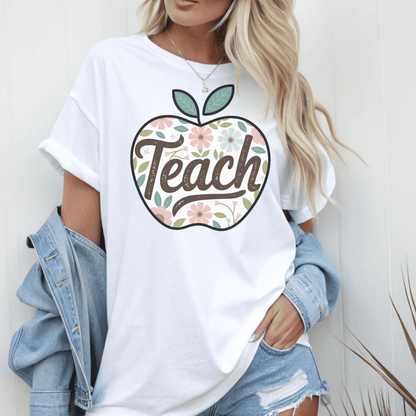 Teach Apple Floral Teacher T-Shirt