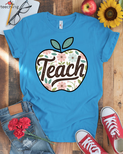 Teach Apple Floral Teacher T-Shirt