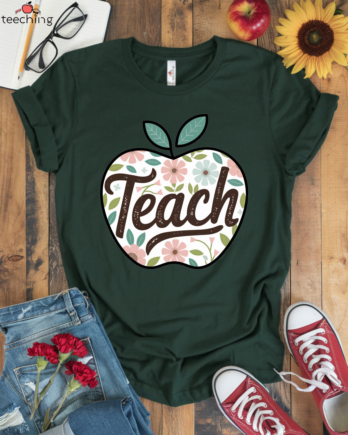 Teach Apple Floral Teacher T-Shirt