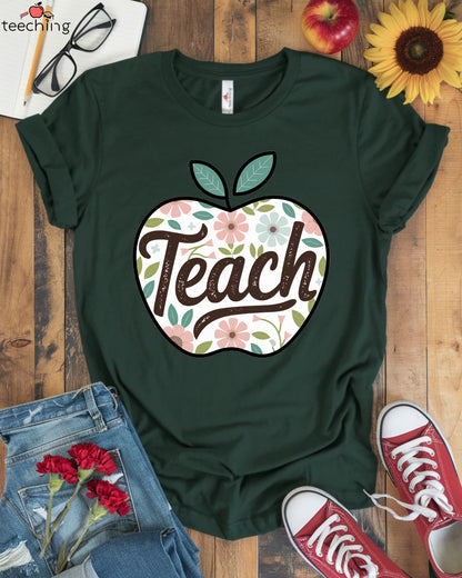 Teach Apple Floral Teacher T-Shirt