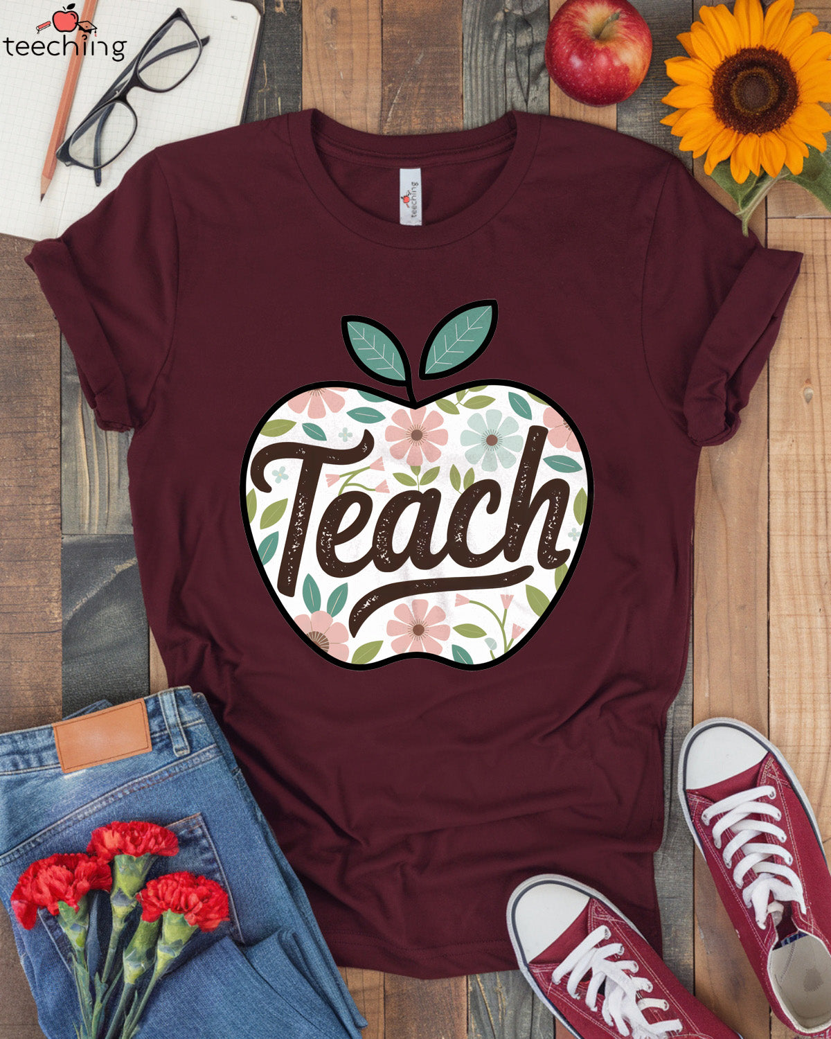 Teach Apple Floral Teacher T-Shirt