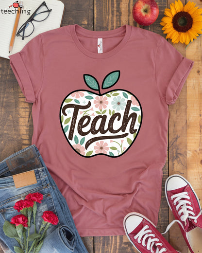 Teach Apple Floral Teacher T-Shirt