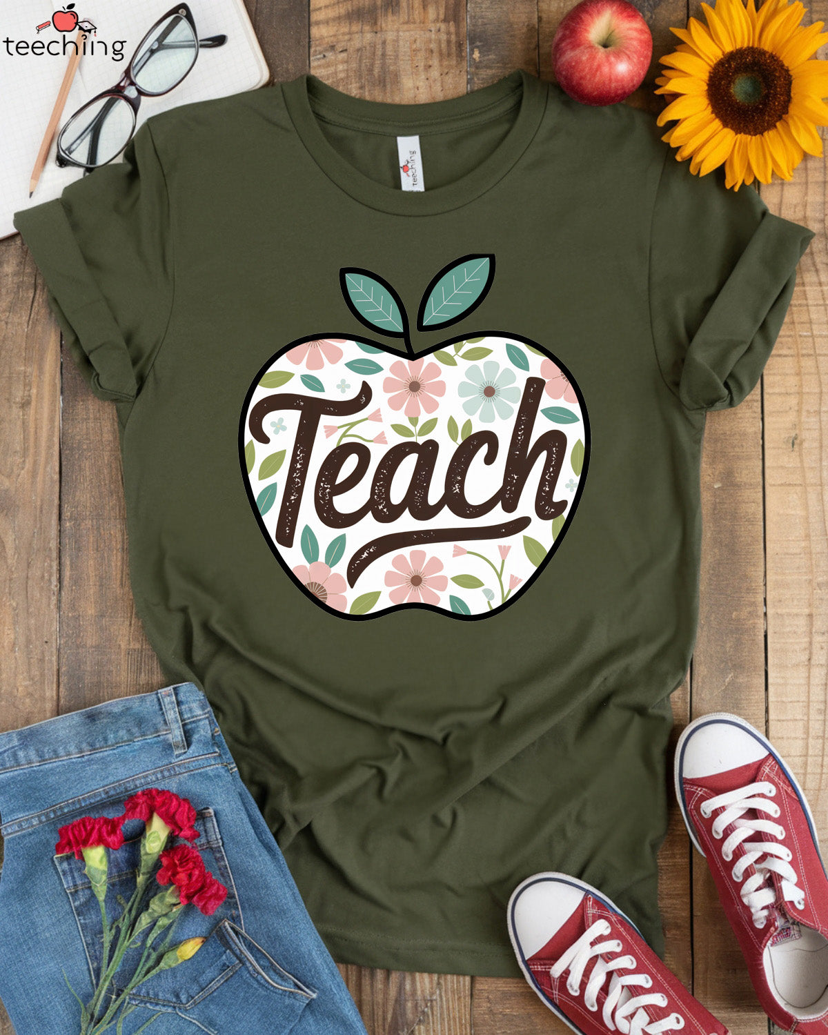 Teach Apple Floral Teacher T-Shirt