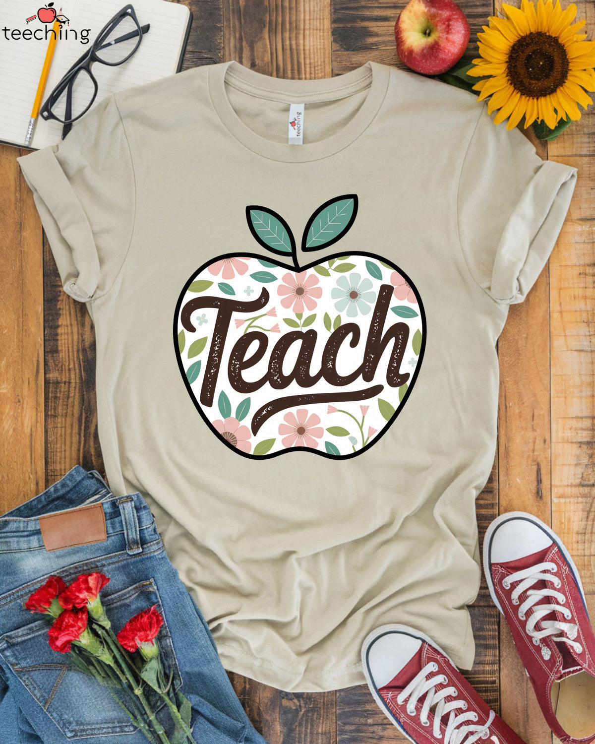 Teach Apple Floral Teacher T-Shirt