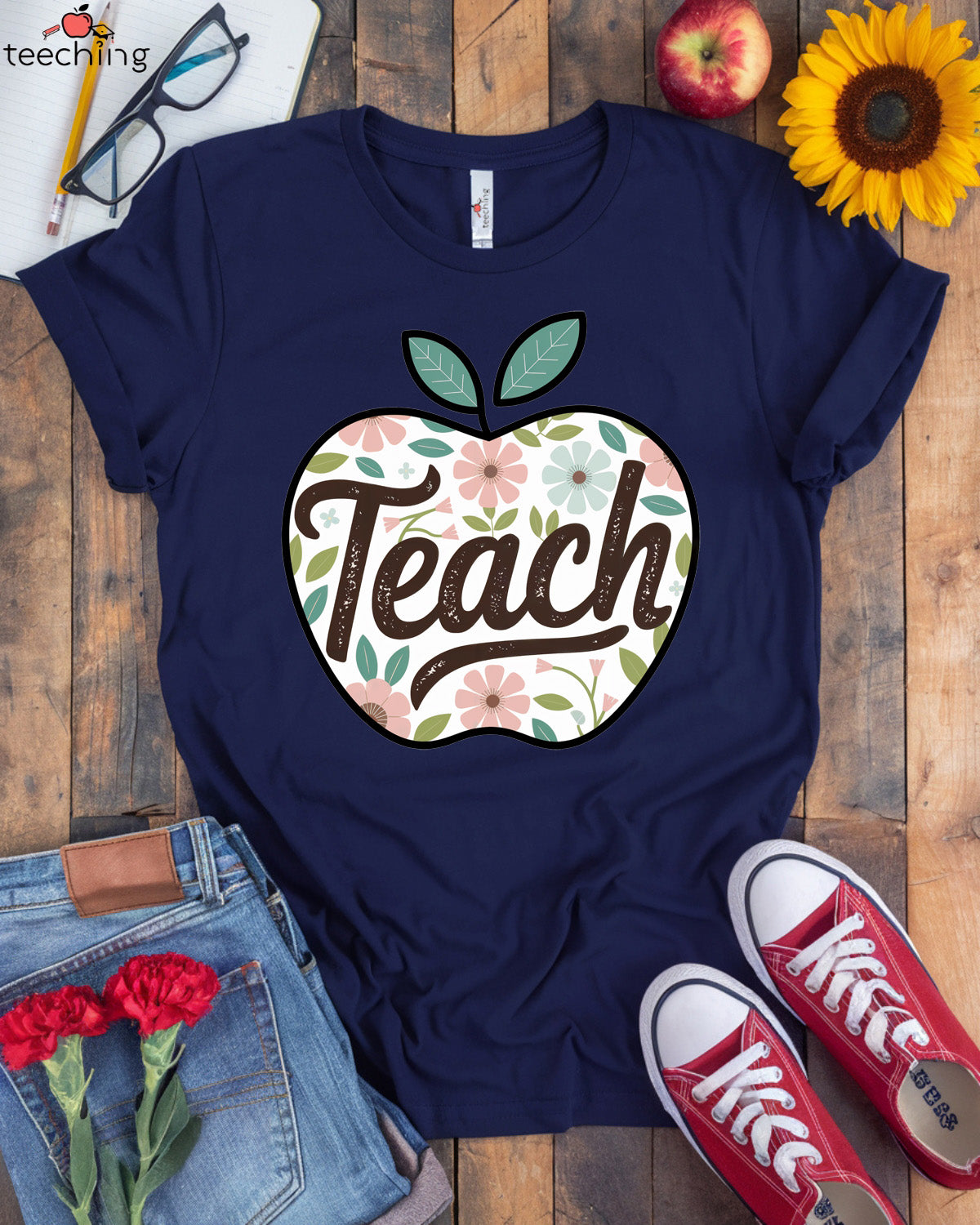 Teach Apple Floral Teacher T-Shirt