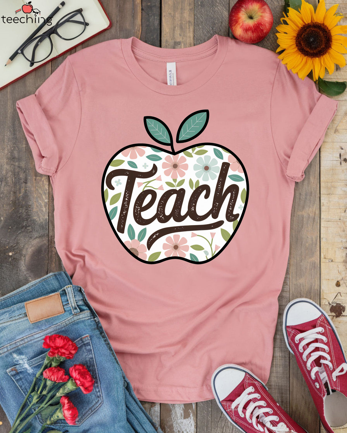Teach Apple Floral Teacher T-Shirt