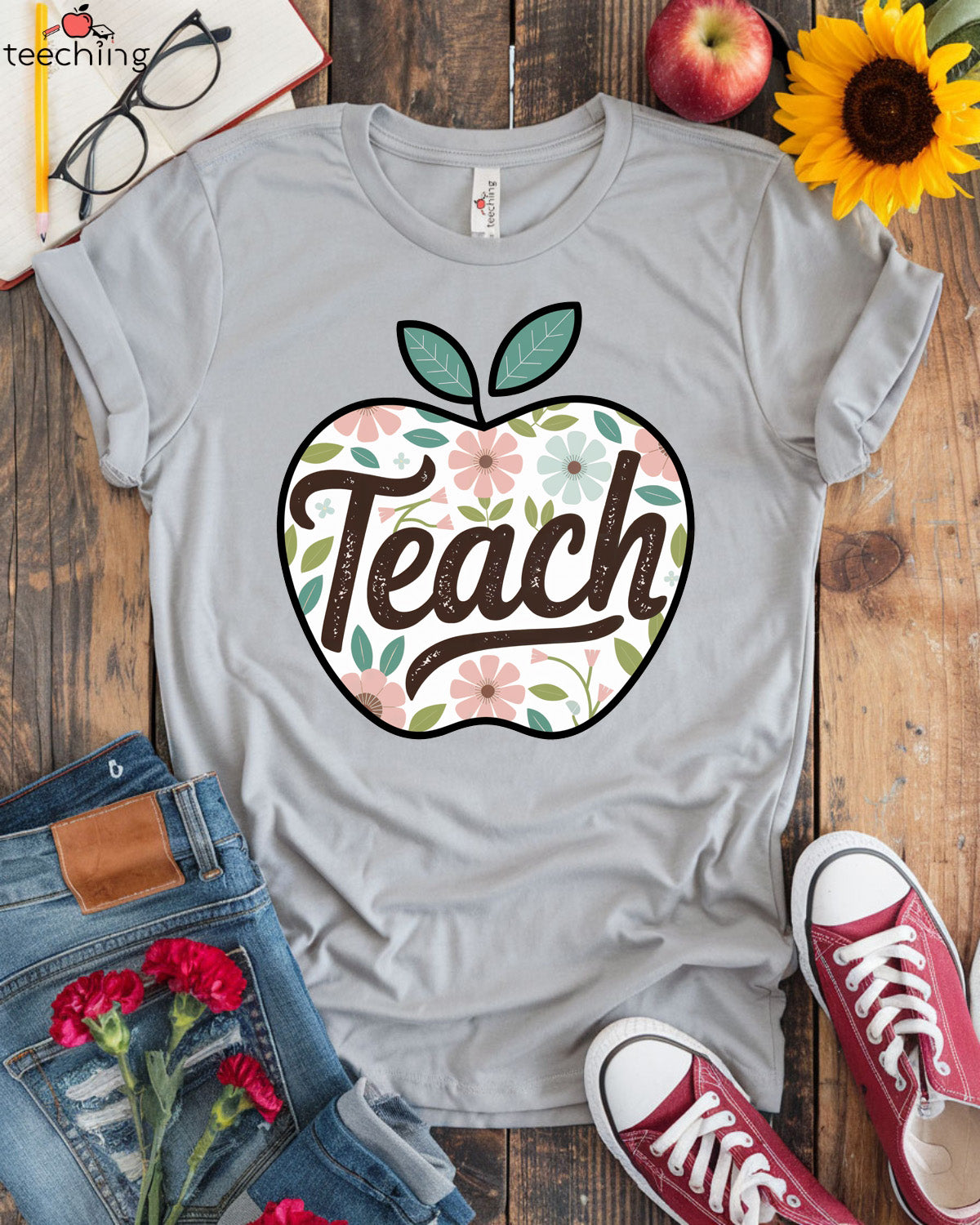 Teach Apple Floral Teacher T-Shirt