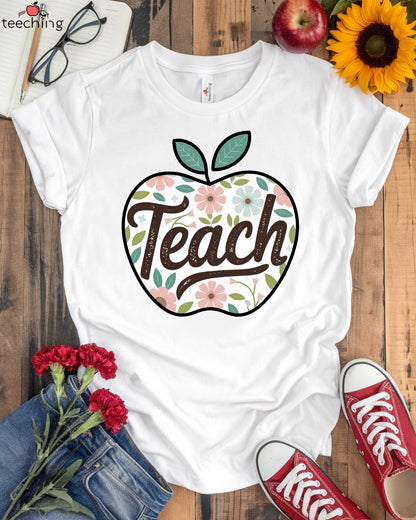 Teach Apple Floral Teacher T-Shirt