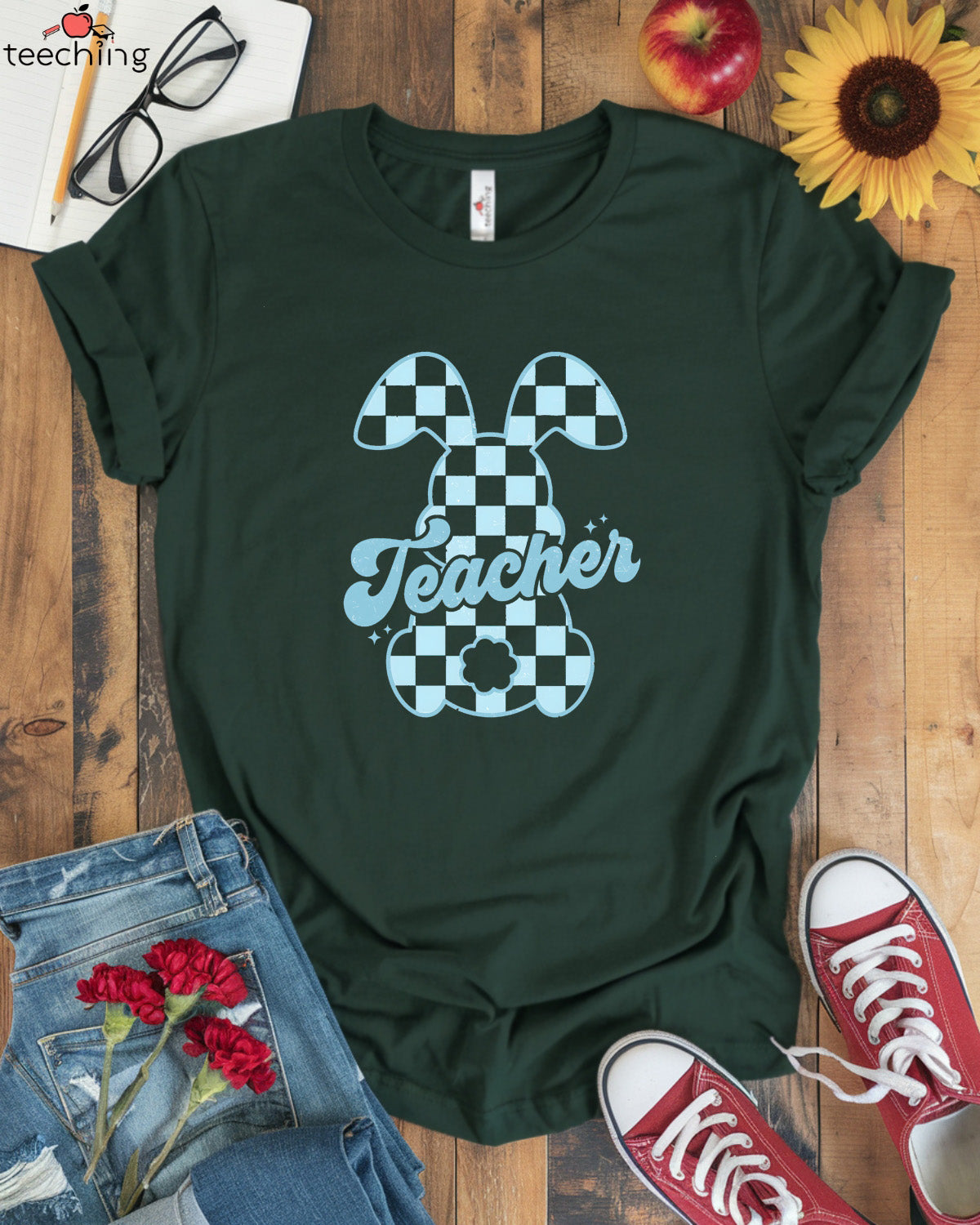 Plaid Bunny Teacher T-shirt