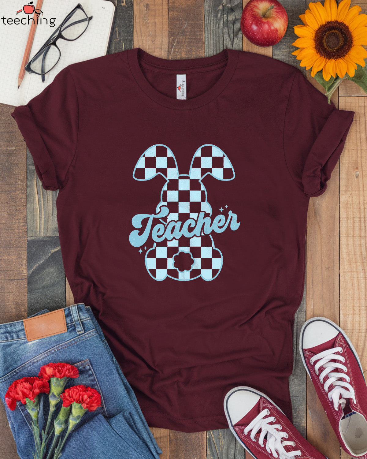 Plaid Bunny Teacher T-shirt