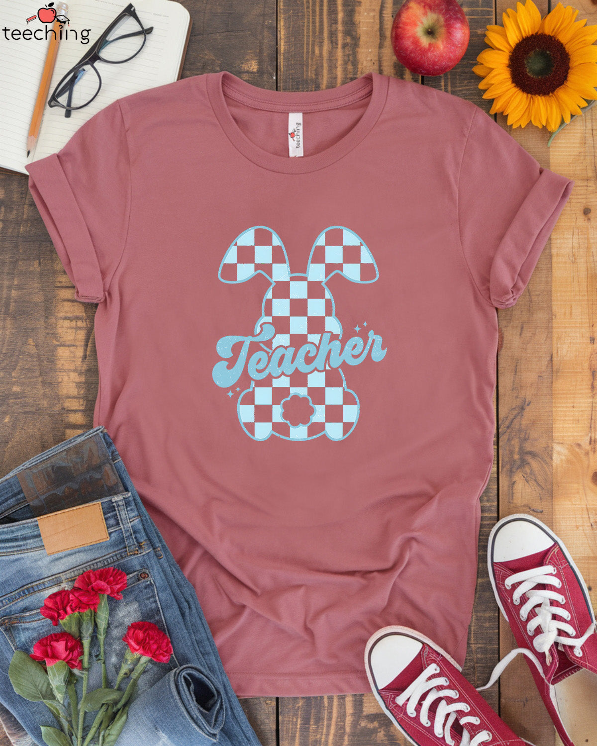 Plaid Bunny Teacher T-shirt