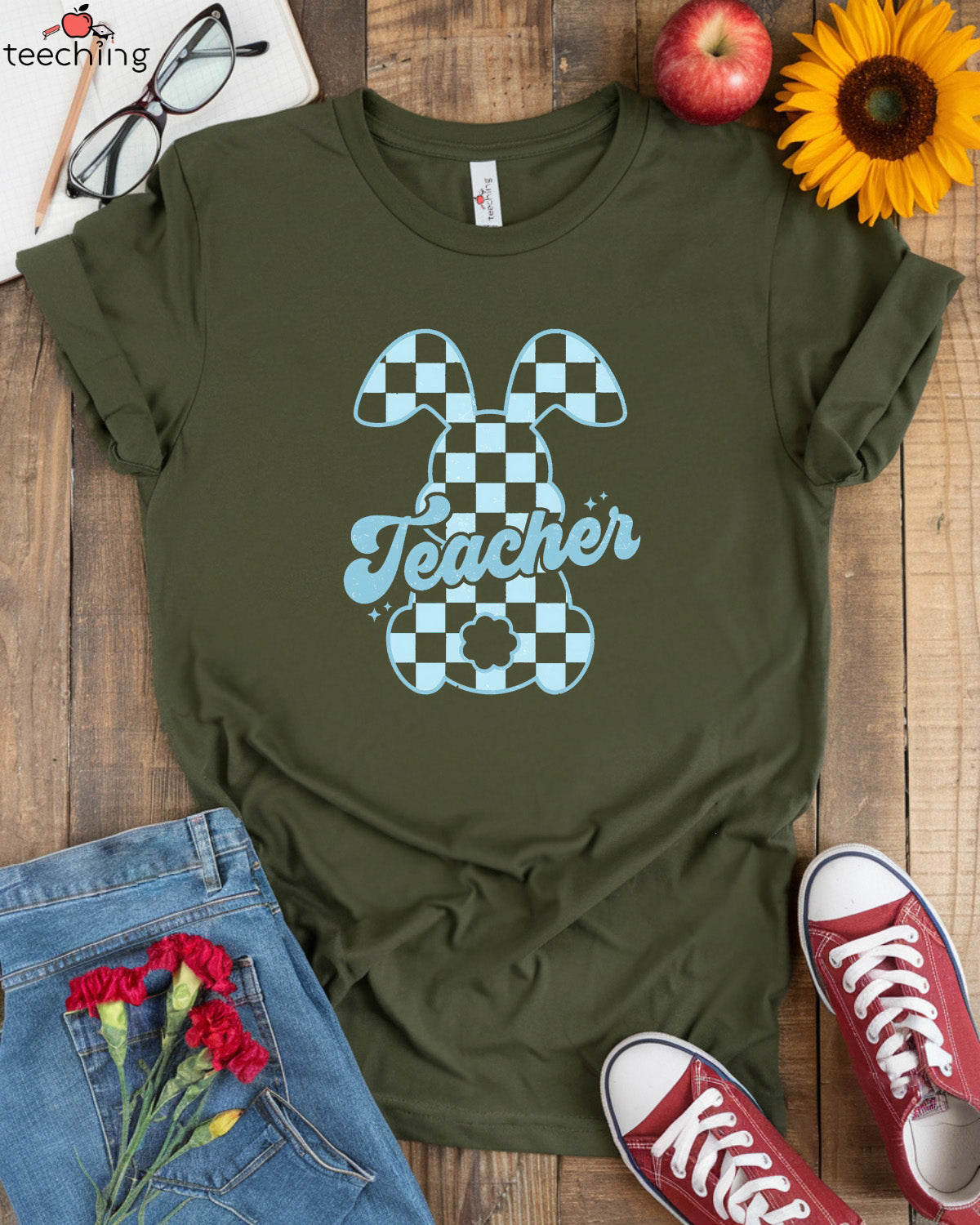 Plaid Bunny Teacher T-shirt