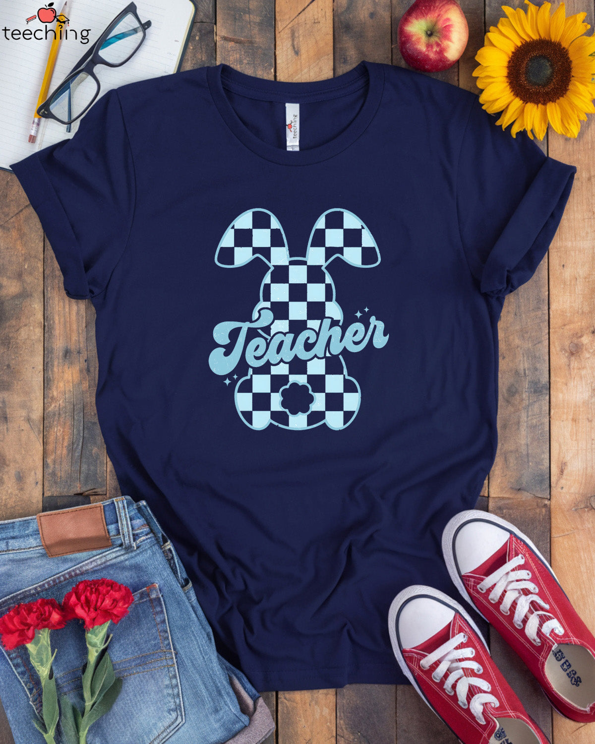 Plaid Bunny Teacher T-shirt